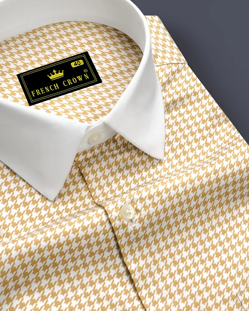 Rustiq-Barley Brown And Bright White Houndstooth Printed Super Soft Premium Cotton Dress White Cuff Collar Shirt 6