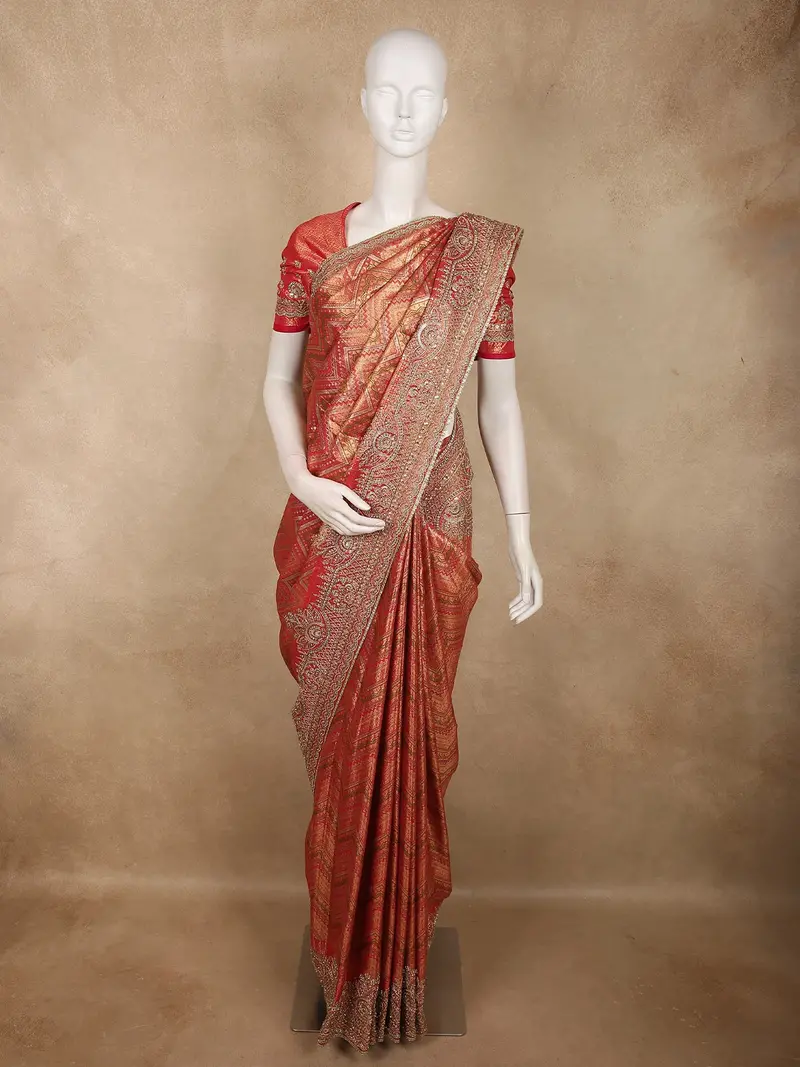 Rusty Red Abstract Sequins And Zari Embroidered Design Tissue Banarasi Saree With Designer Border 1