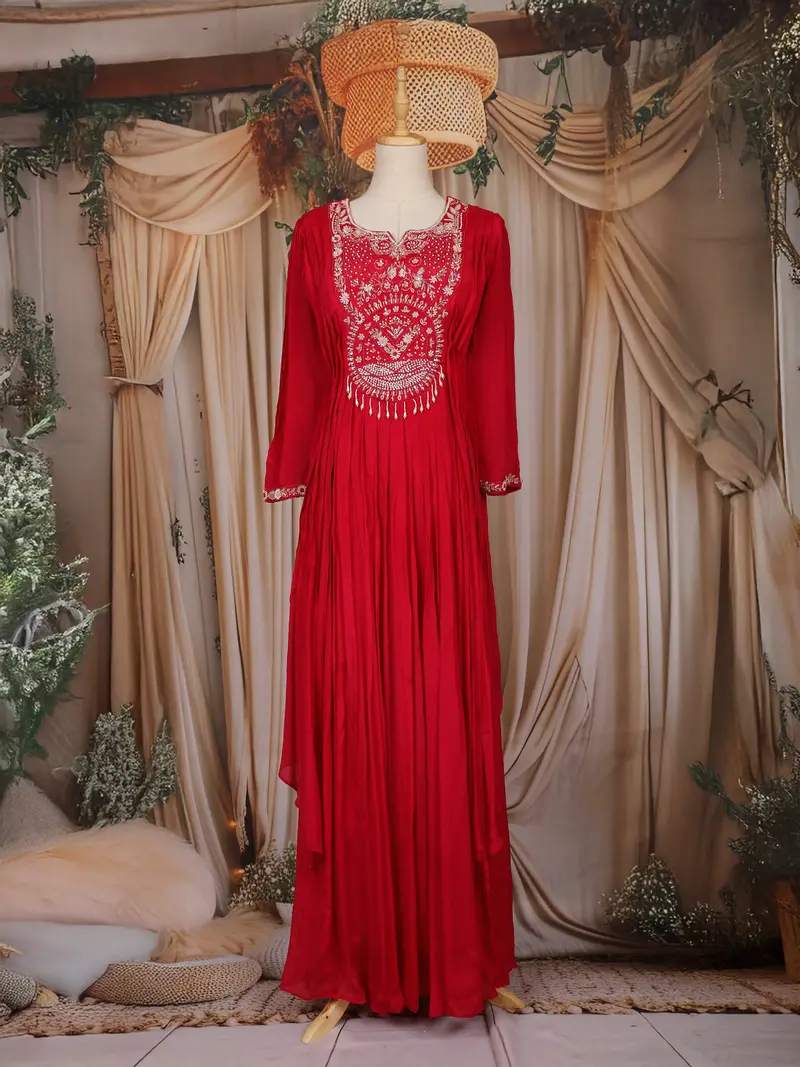 Rusty Red Floral Embroidered Chiffon Gown 1