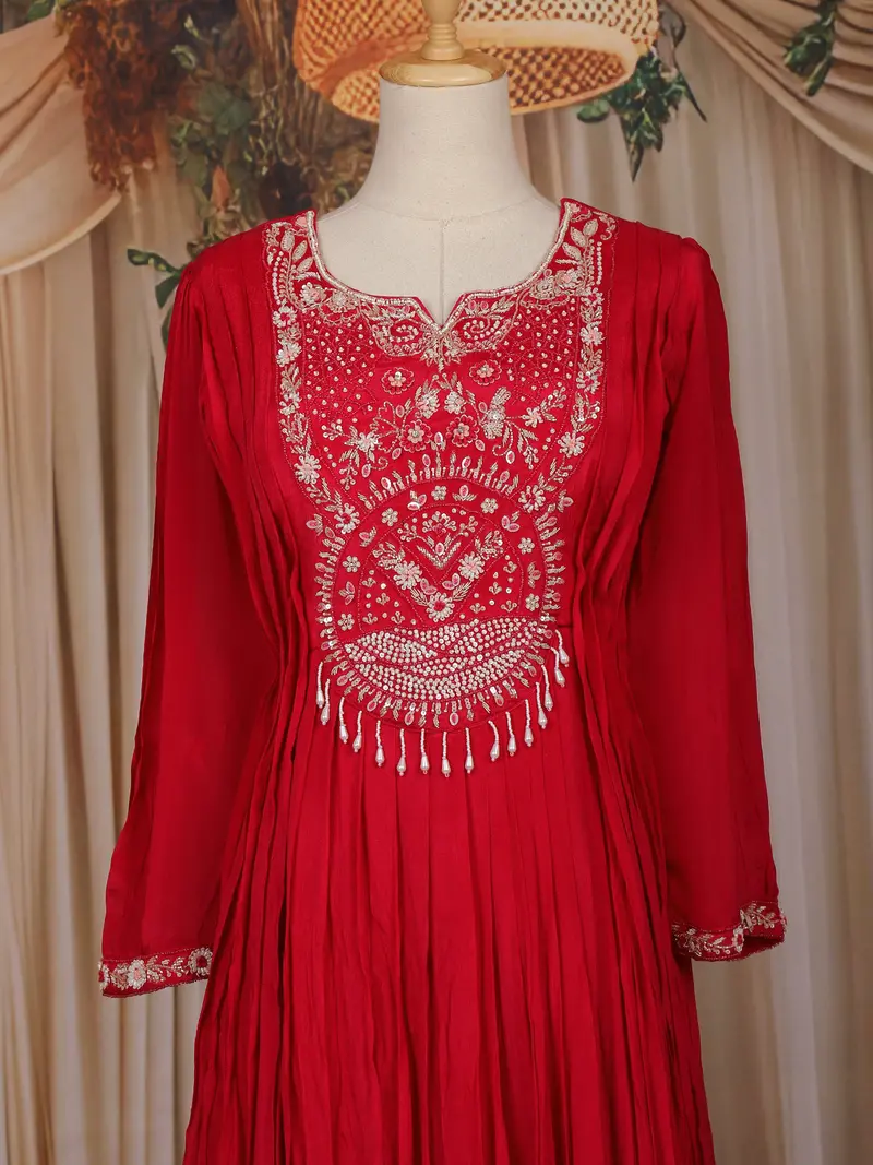 Rusty Red Floral Embroidered Chiffon Gown 2