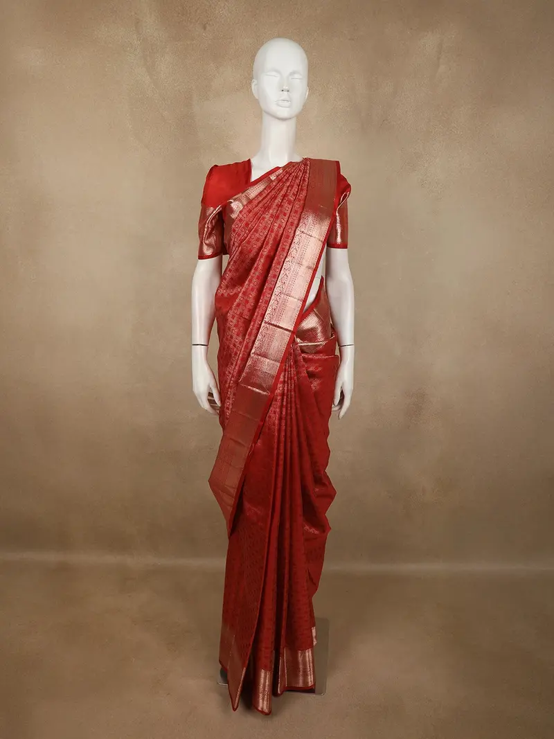 Rusty Vermillion Red Checked And Paisley Zari Woven Design Pure Kanchipuram Silk Saree With Zari Border 1