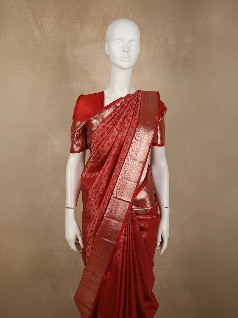 Rusty Vermillion Red Checked And Paisley Zari Woven Design Pure Kanchipuram Silk Saree With Zari Border 2