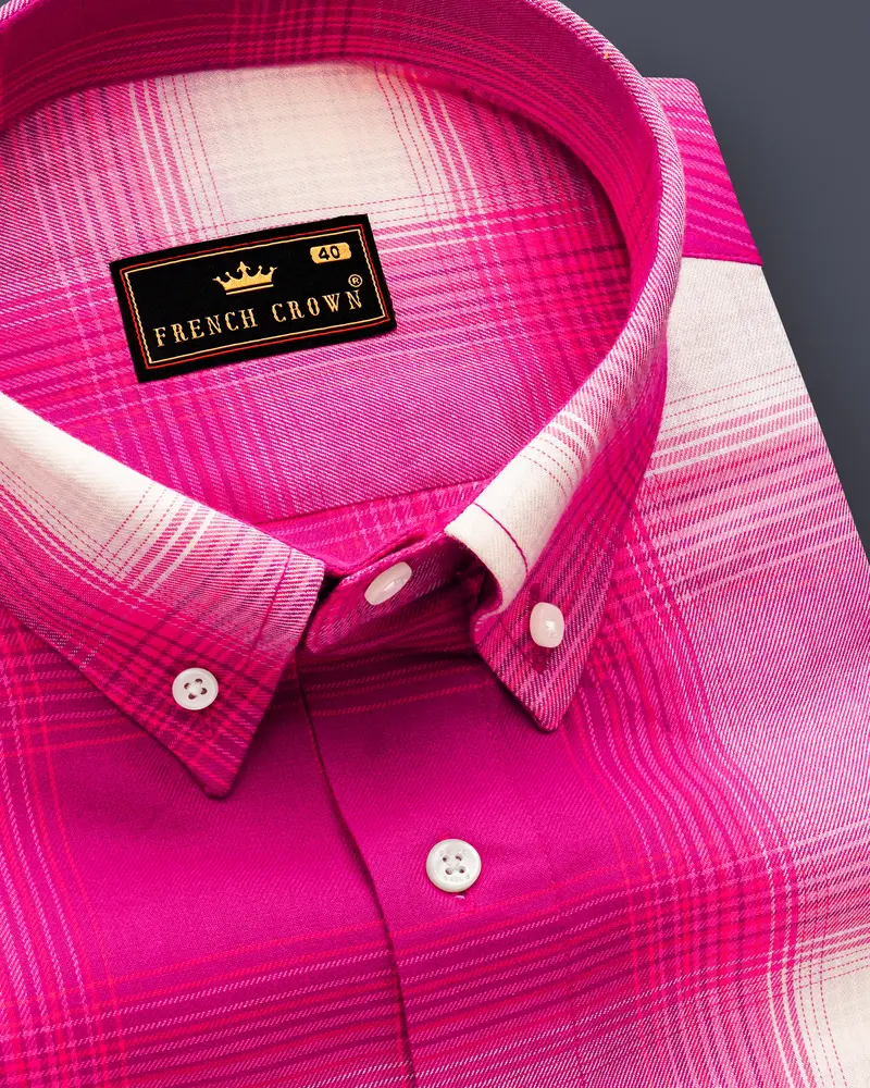 Ruzetta-Vivid Cerise Pink Plaid Subtle Sheen Super Soft Premium Cotton Casual Shirt 1
