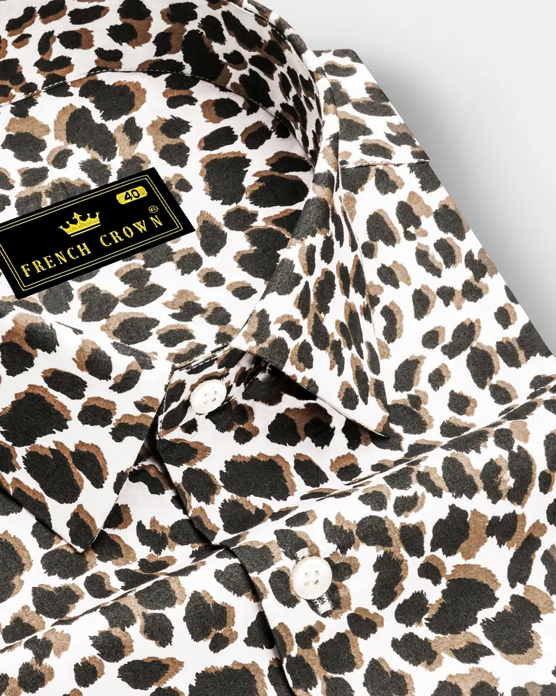 Safariq-Dune Brown And Bright White Leopard Printed Premium Cotton Casual Shirt 1