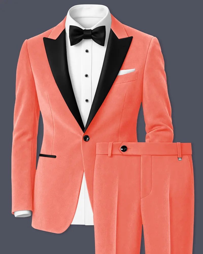 Saffron-Bittersweet Orange Velvet Peak Lapel Tuxedo Suit 1