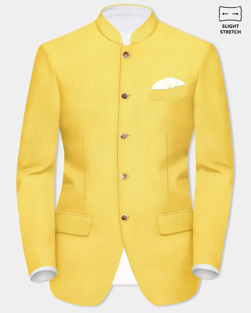 Saffron Elegance-Lemon Yellow Solid Wool Rich Bandhgala Slight Stretch Blazer 1
