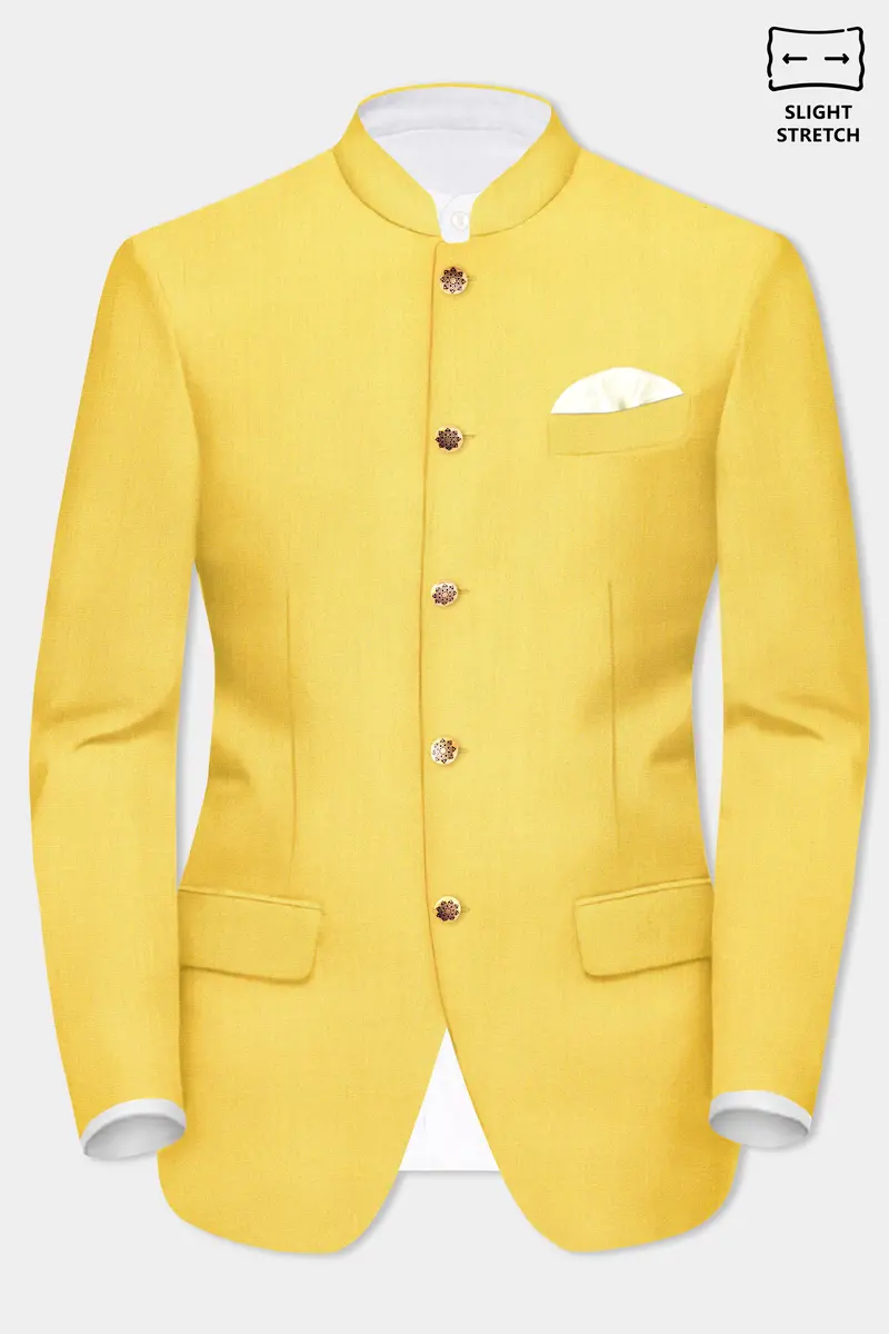Saffron Elegance-Lemon Yellow Solid Wool Rich Bandhgala Slight Stretch Blazer 2