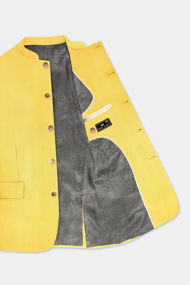 Saffron Elegance-Lemon Yellow Solid Wool Rich Bandhgala Slight Stretch Blazer 4