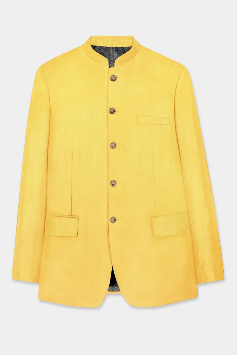 Saffron Elegance-Lemon Yellow Solid Wool Rich Bandhgala Slight Stretch Blazer 6