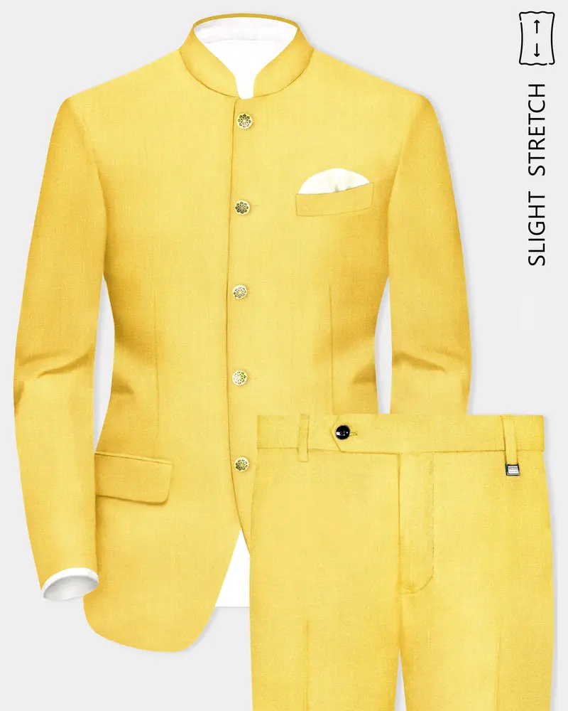 Saffron Elegance-Lemon Yellow Solid Wool Rich Bandhgala Slight Stretch Suit 1