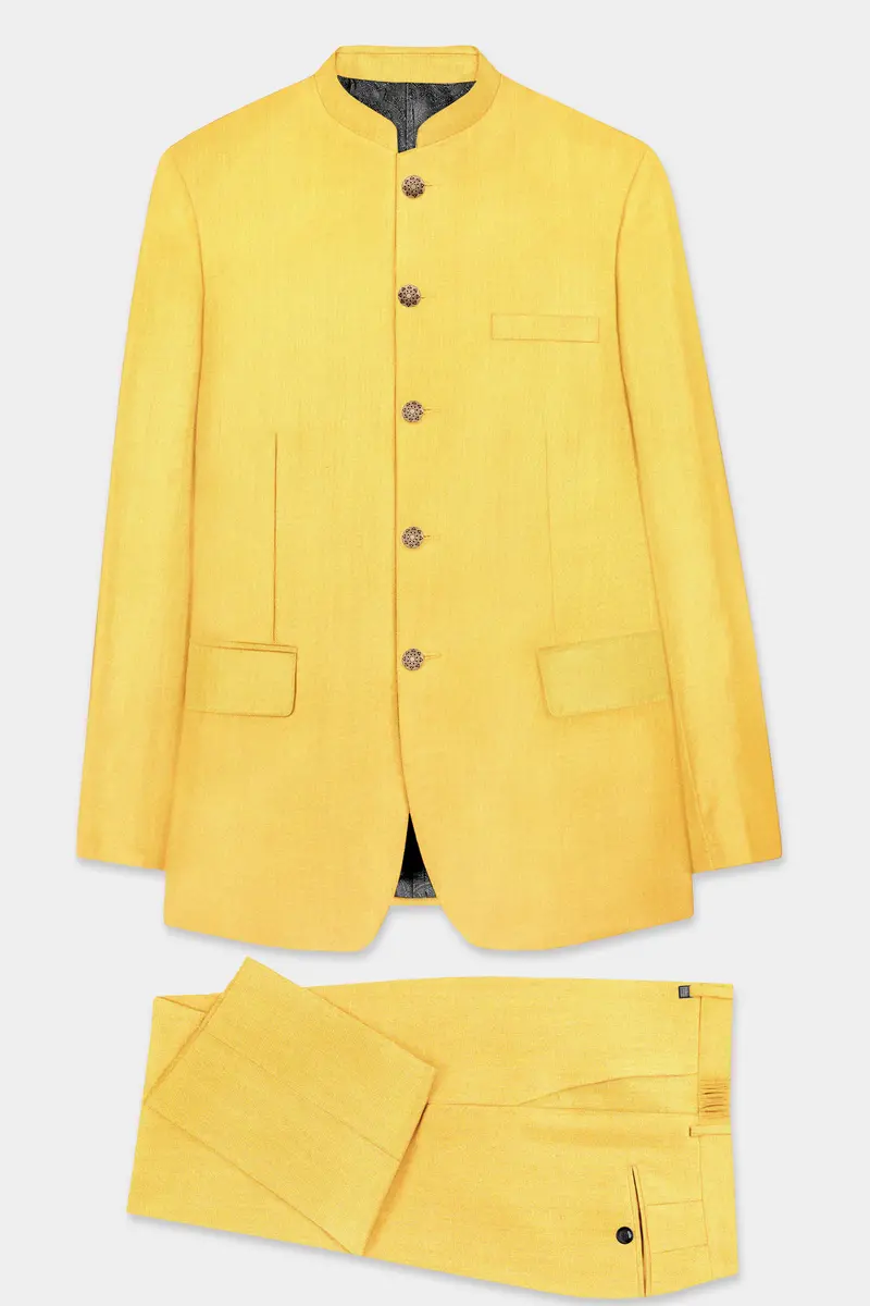 Saffron Elegance-Lemon Yellow Solid Wool Rich Bandhgala Slight Stretch Suit 10