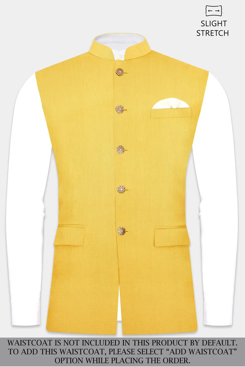 Saffron Elegance-Lemon Yellow Solid Wool Rich Bandhgala Slight Stretch Suit 15