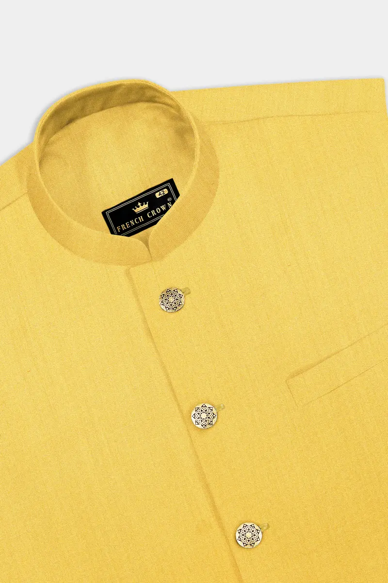 Saffron Elegance-Lemon Yellow Solid Wool Rich Bandhgala Slight Stretch Suit 17