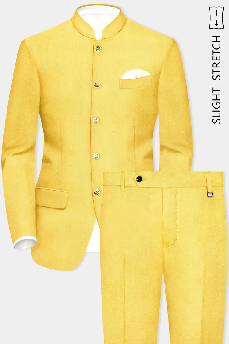 Saffron Elegance-Lemon Yellow Solid Wool Rich Bandhgala Slight Stretch Suit 2