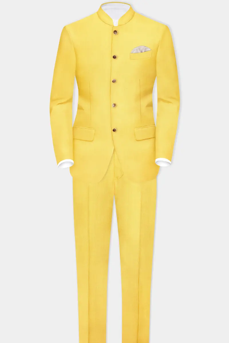 Saffron Elegance-Lemon Yellow Solid Wool Rich Bandhgala Slight Stretch Suit 4