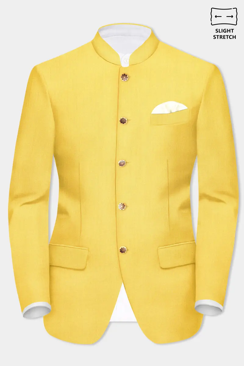 Saffron Elegance-Lemon Yellow Solid Wool Rich Bandhgala Slight Stretch Suit 9