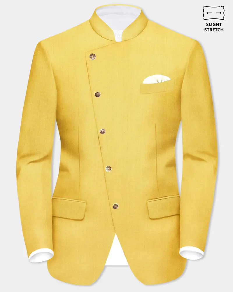 Saffron Elegance-Lemon Yellow Solid Wool Rich Cross Placket Bandhgala Slight Stretch Blazer 1