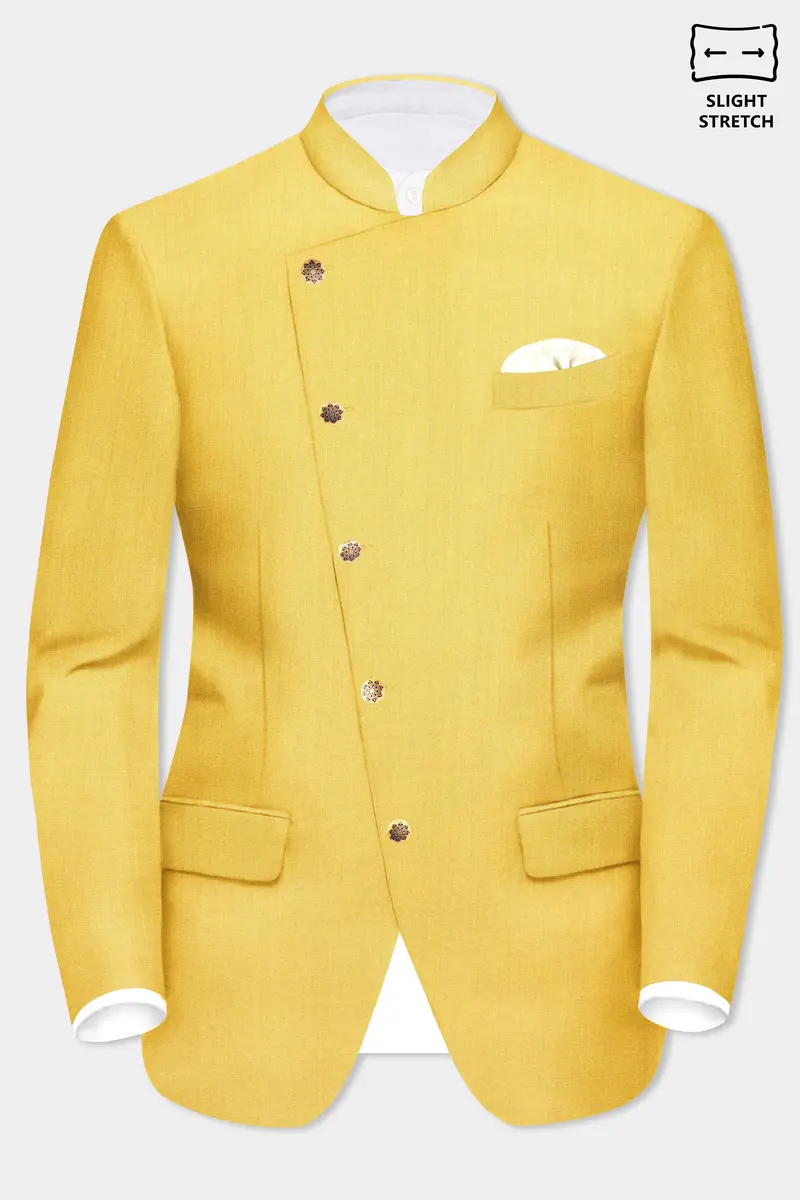 Saffron Elegance-Lemon Yellow Solid Wool Rich Cross Placket Bandhgala Slight Stretch Blazer 2