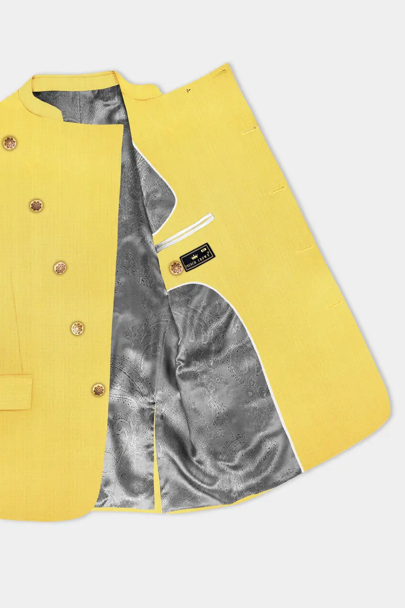 Saffron Elegance-Lemon Yellow Solid Wool Rich Cross Placket Bandhgala Slight Stretch Blazer 4