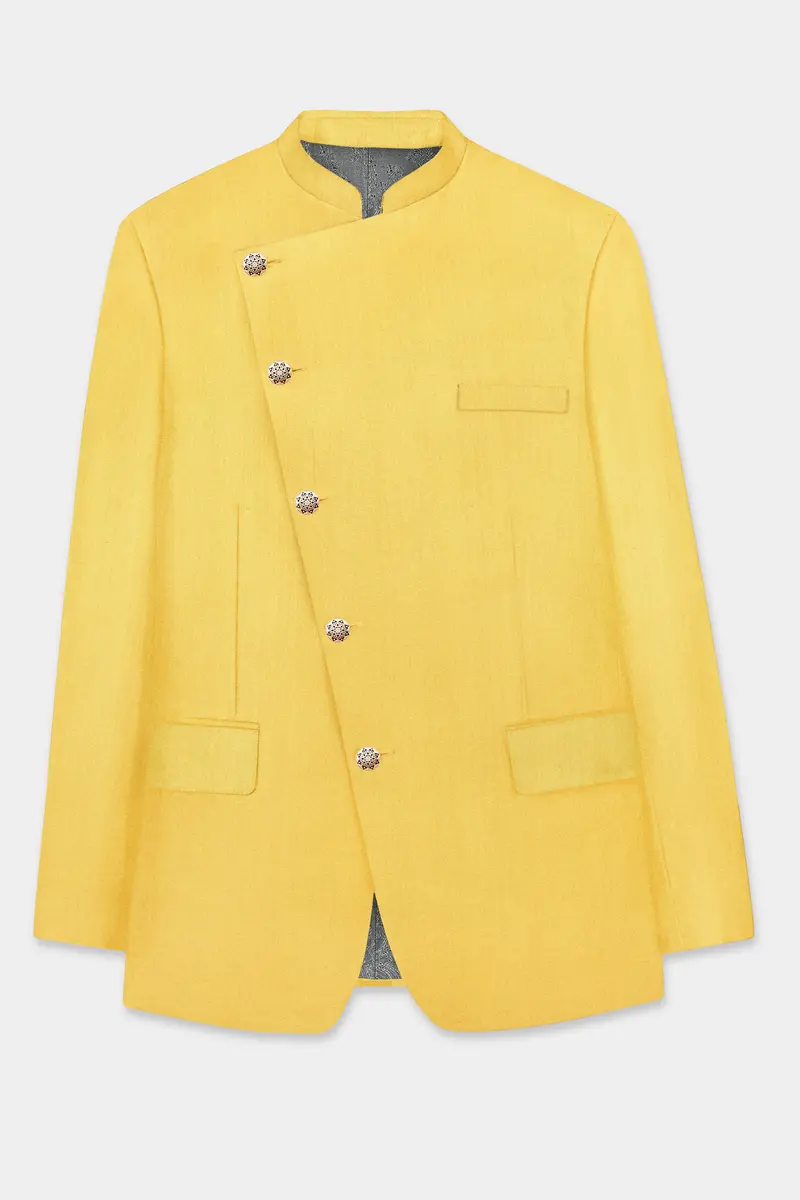 Saffron Elegance-Lemon Yellow Solid Wool Rich Cross Placket Bandhgala Slight Stretch Blazer 6