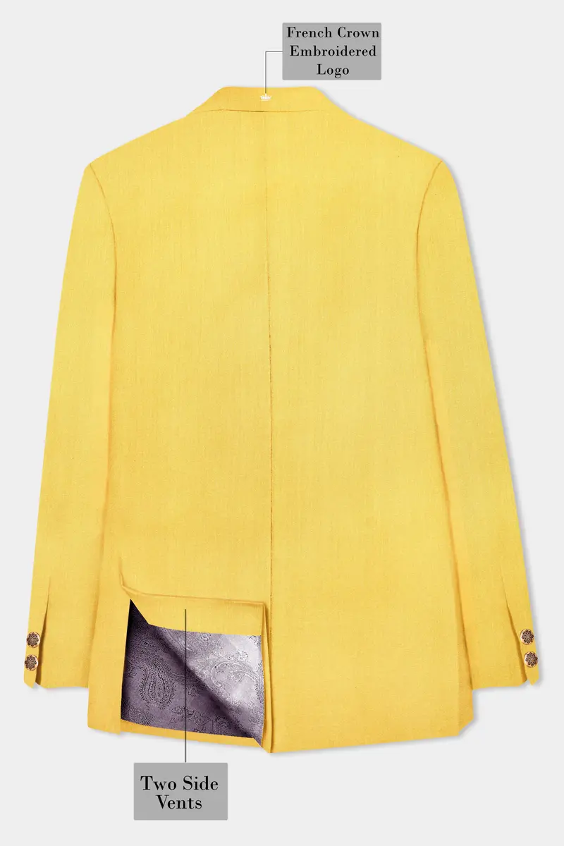 Saffron Elegance-Lemon Yellow Solid Wool Rich Cross Placket Bandhgala Slight Stretch Blazer 7