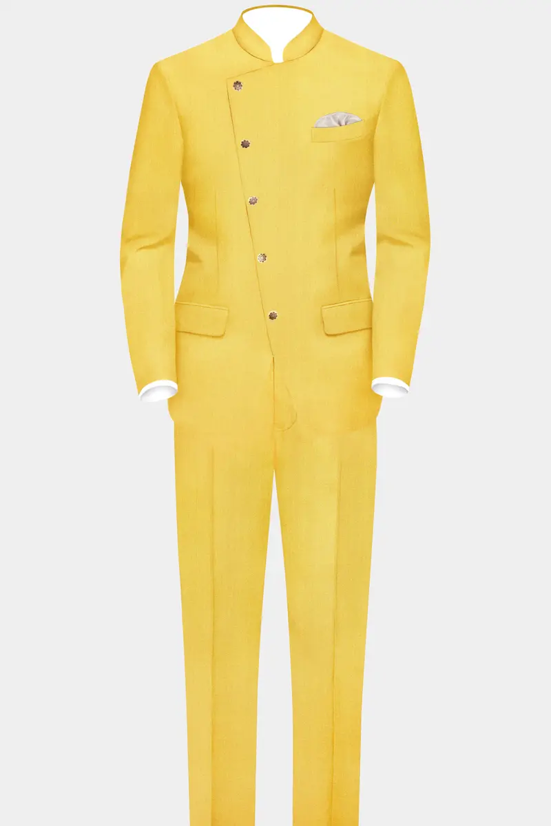 Saffron Elegance-Lemon Yellow Solid Wool Rich Cross Placket Bandhgala Slight Stretch Blazer 8