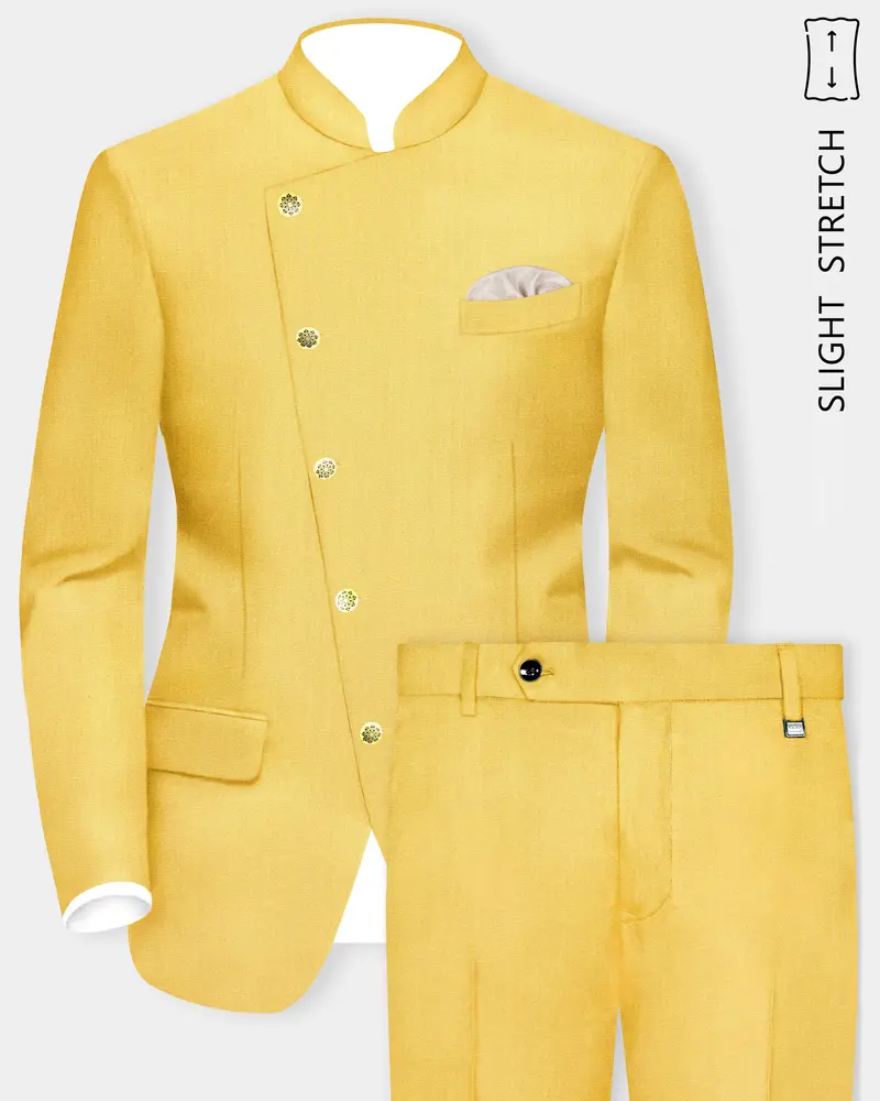 Saffron Elegance-Lemon Yellow Solid Wool Rich Cross Placket Bandhgala Slight Stretch Suit 1