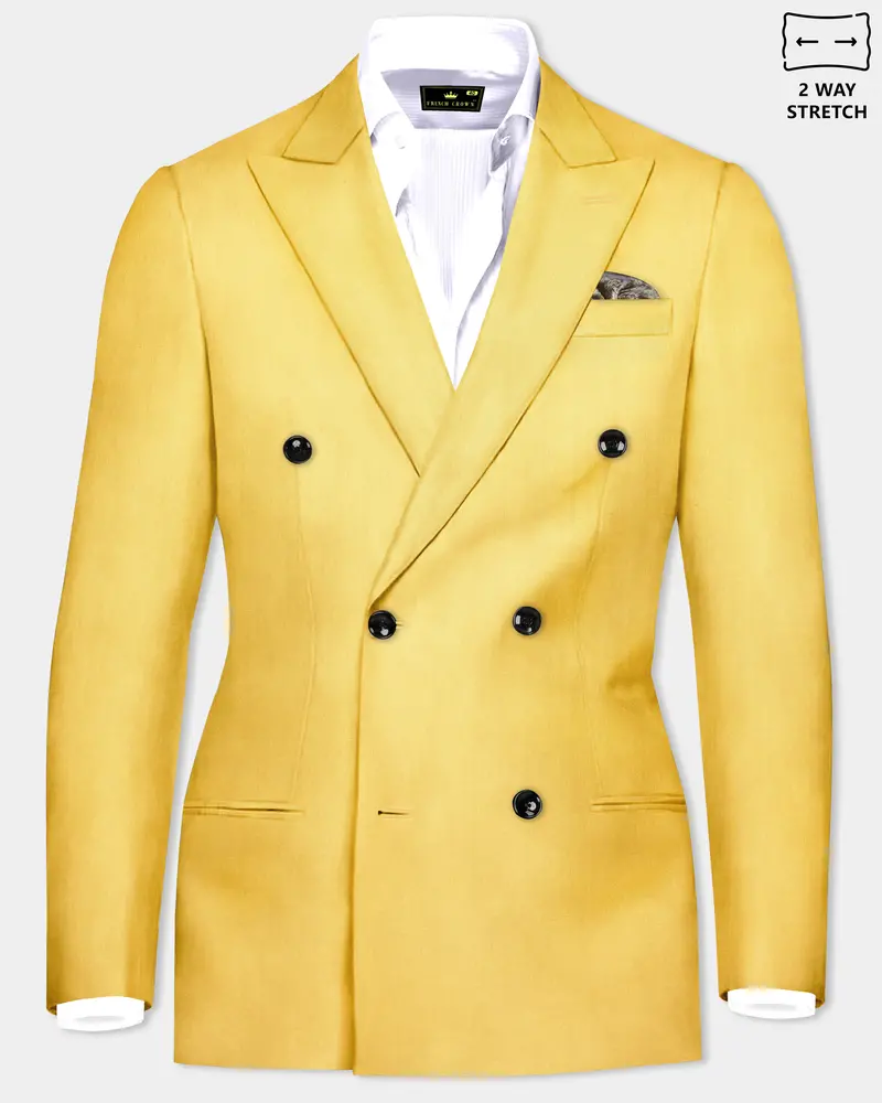 Saffron Elegance-Lemon Yellow Solid Wool Rich Double Breasted Slight Stretch Blazer 1