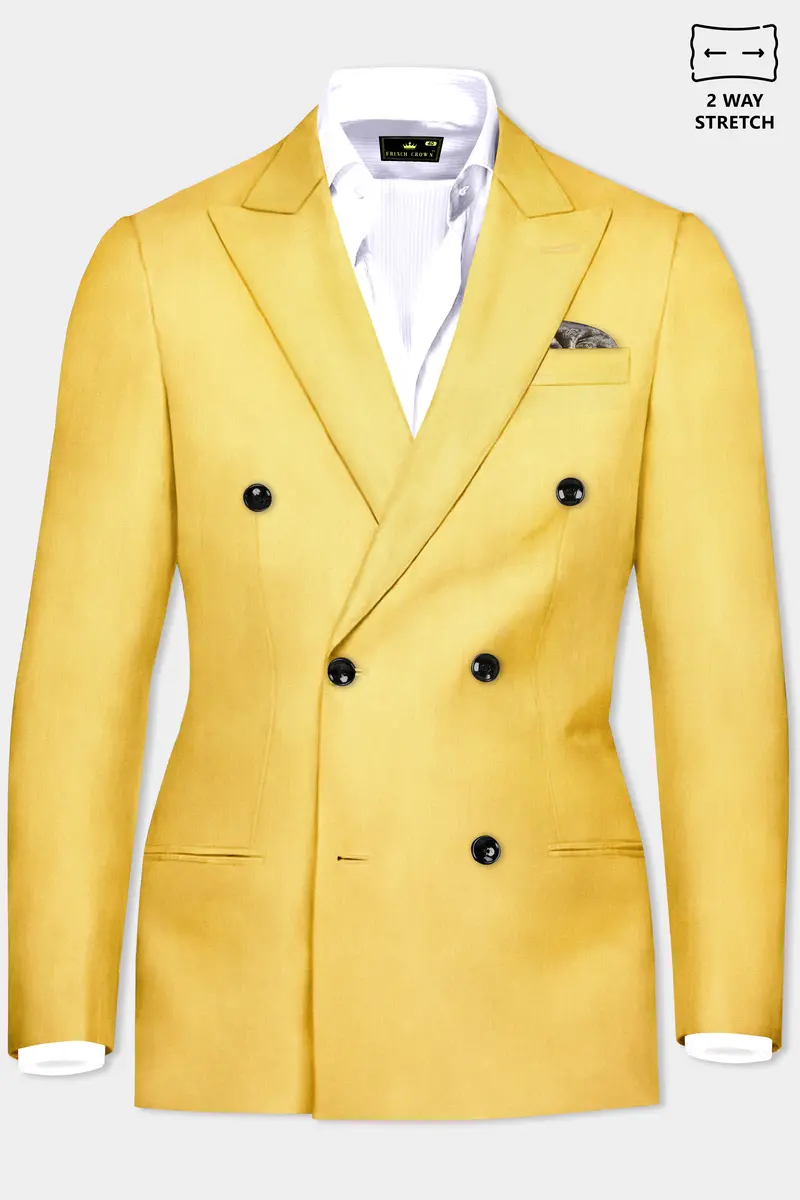 Saffron Elegance-Lemon Yellow Solid Wool Rich Double Breasted Slight Stretch Blazer 2