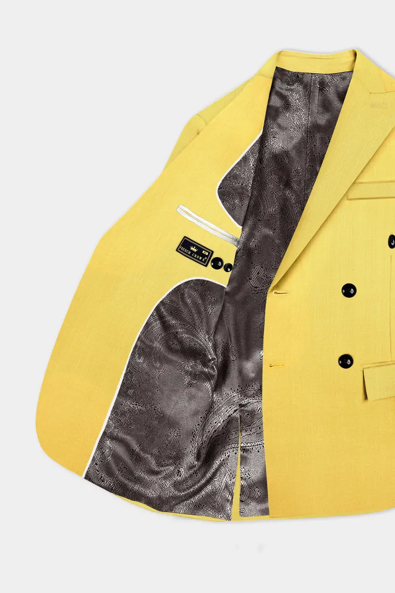 Saffron Elegance-Lemon Yellow Solid Wool Rich Double Breasted Slight Stretch Blazer 4