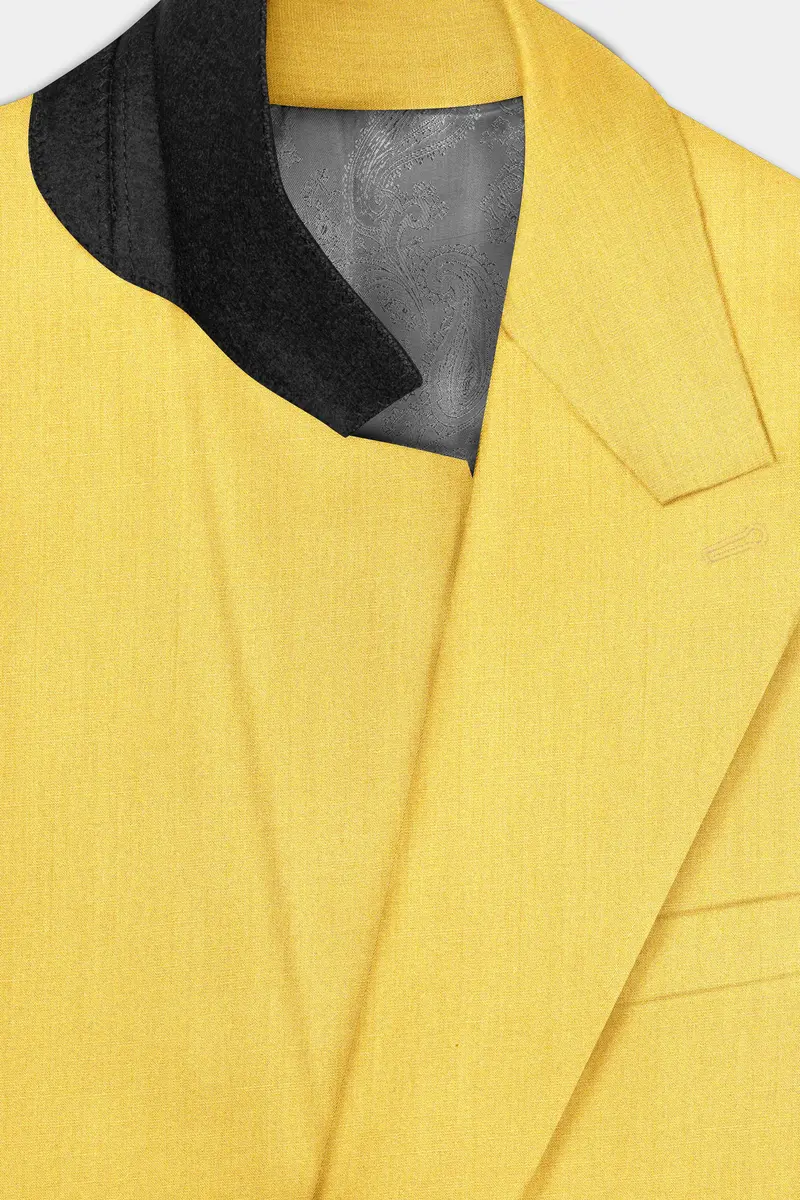 Saffron Elegance-Lemon Yellow Solid Wool Rich Double Breasted Slight Stretch Blazer 5