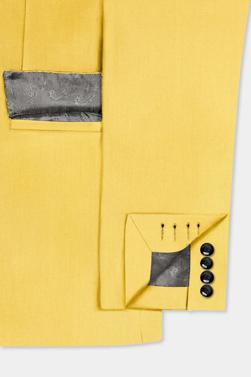 Saffron Elegance-Lemon Yellow Solid Wool Rich Double Breasted Slight Stretch Blazer 6