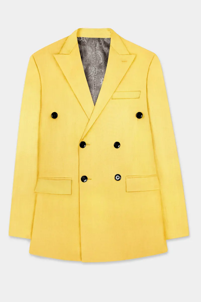 Saffron Elegance-Lemon Yellow Solid Wool Rich Double Breasted Slight Stretch Blazer 7