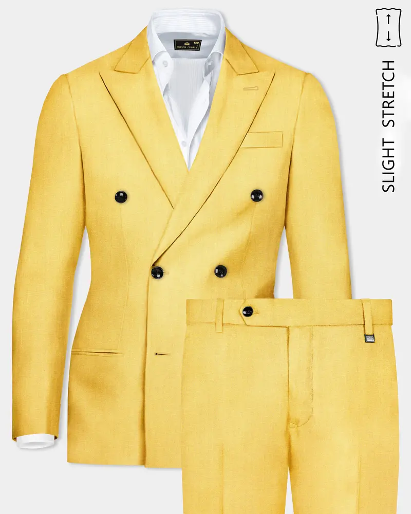 Saffron Elegance-Lemon Yellow Solid Wool Rich Double Breasted Slight Stretch Suit 1