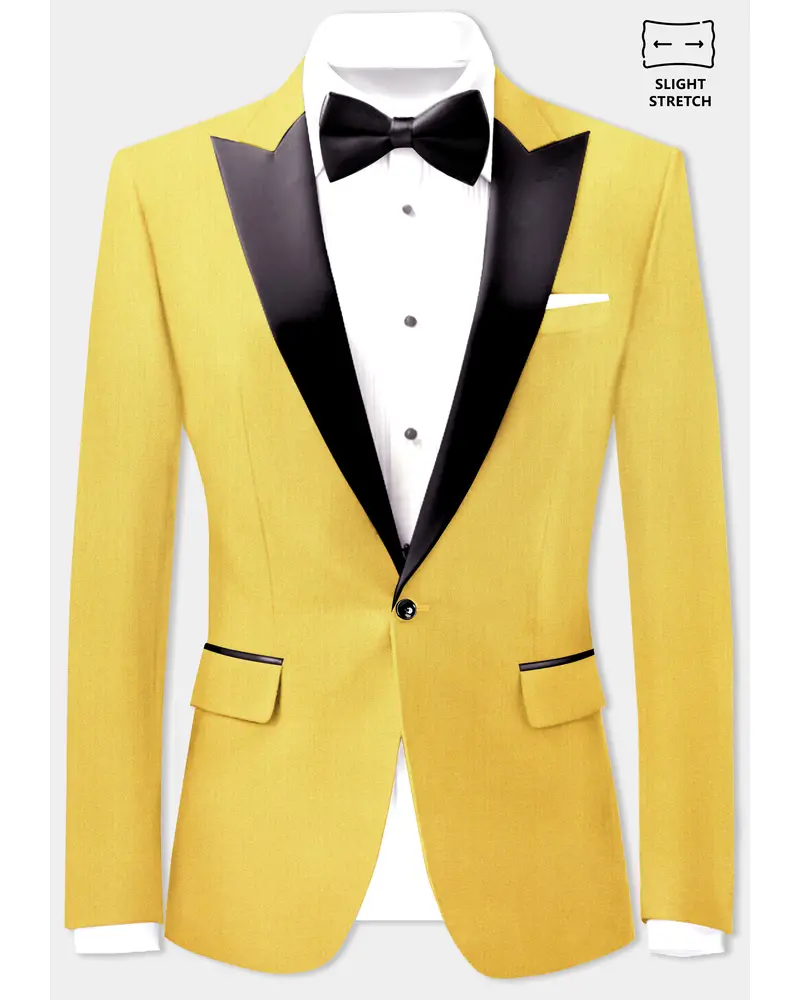 Saffron Elegance-Lemon Yellow Solid Wool Rich Peak Lapel Tuxedo Slight Stretch Blazer 1