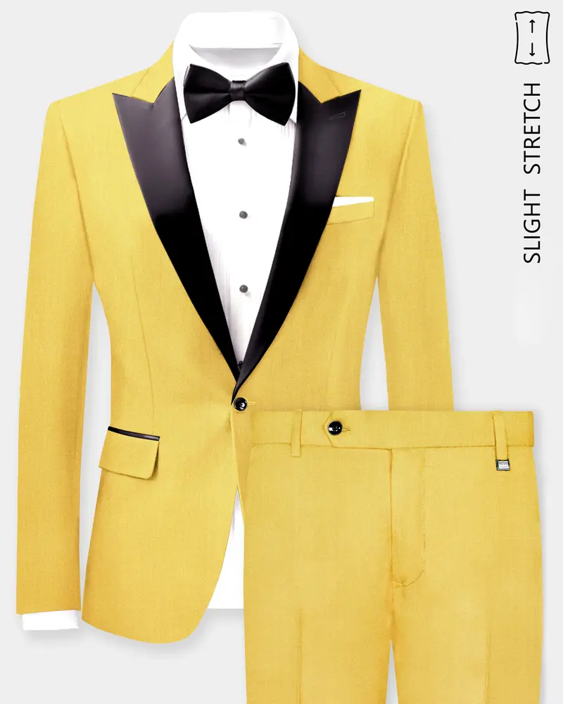 Saffron Elegance-Lemon Yellow Solid Wool Rich Peak Lapel Tuxedo Slight Stretch Suit 1