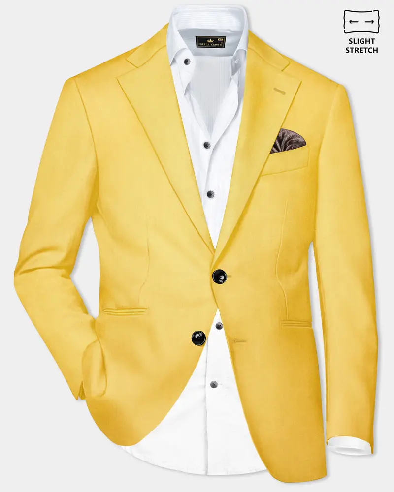Saffron Elegance-Lemon Yellow Solid Wool Rich Single Breasted Slight Stretch Blazer 1