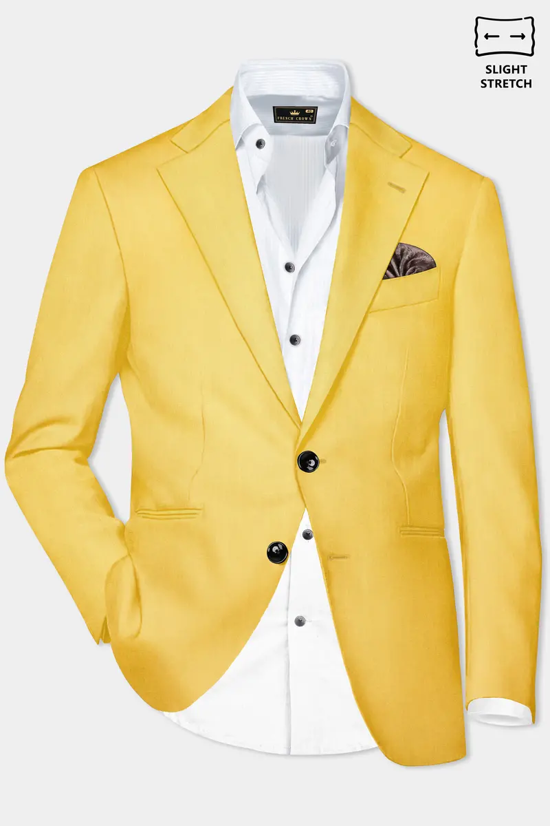 Saffron Elegance-Lemon Yellow Solid Wool Rich Single Breasted Slight Stretch Blazer 2