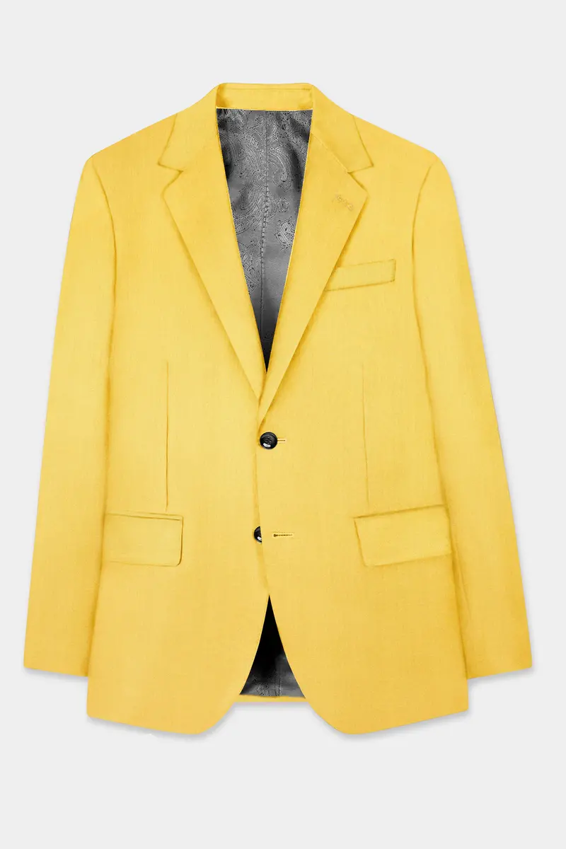 Saffron Elegance-Lemon Yellow Solid Wool Rich Single Breasted Slight Stretch Blazer 7