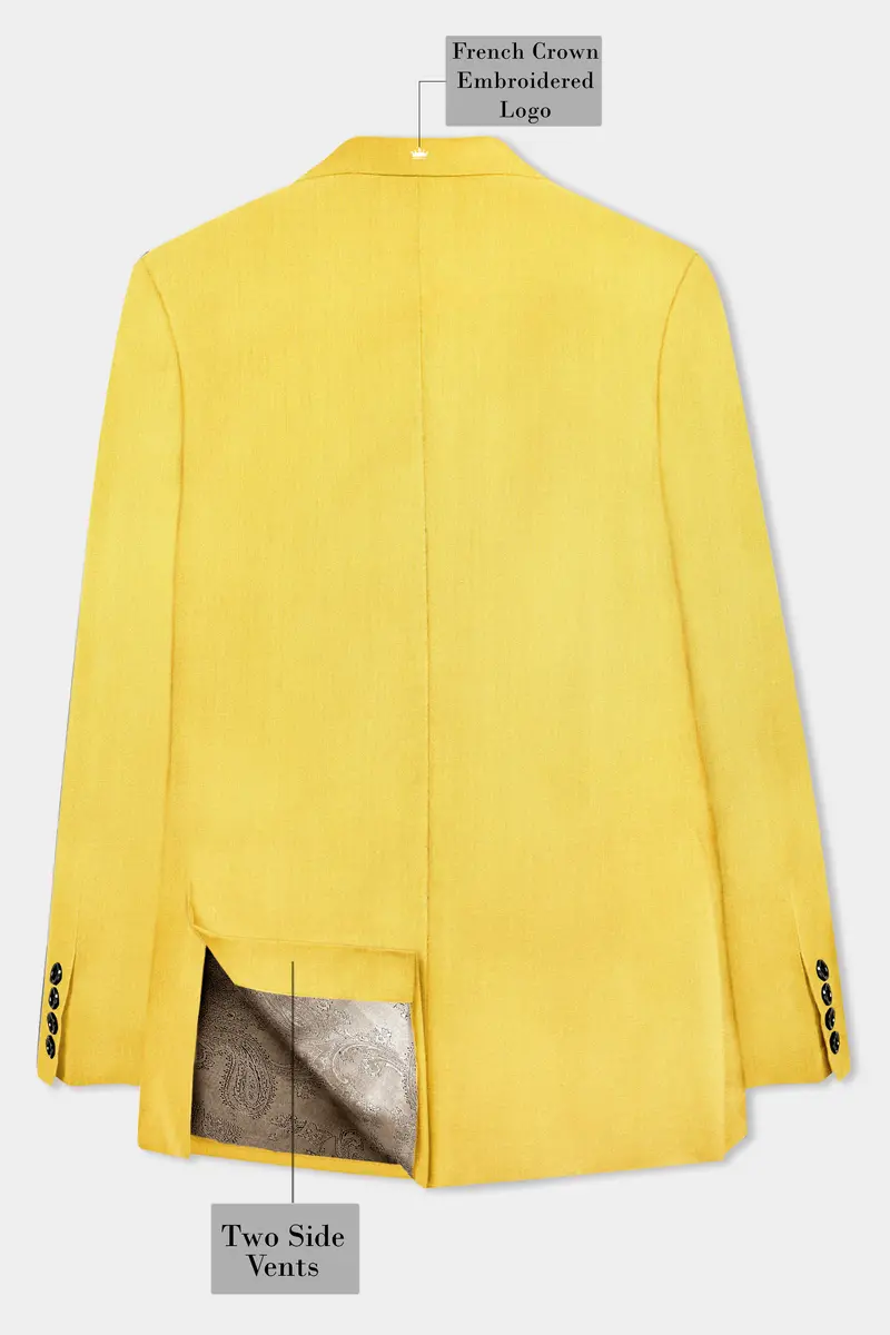 Saffron Elegance-Lemon Yellow Solid Wool Rich Single Breasted Slight Stretch Blazer 8