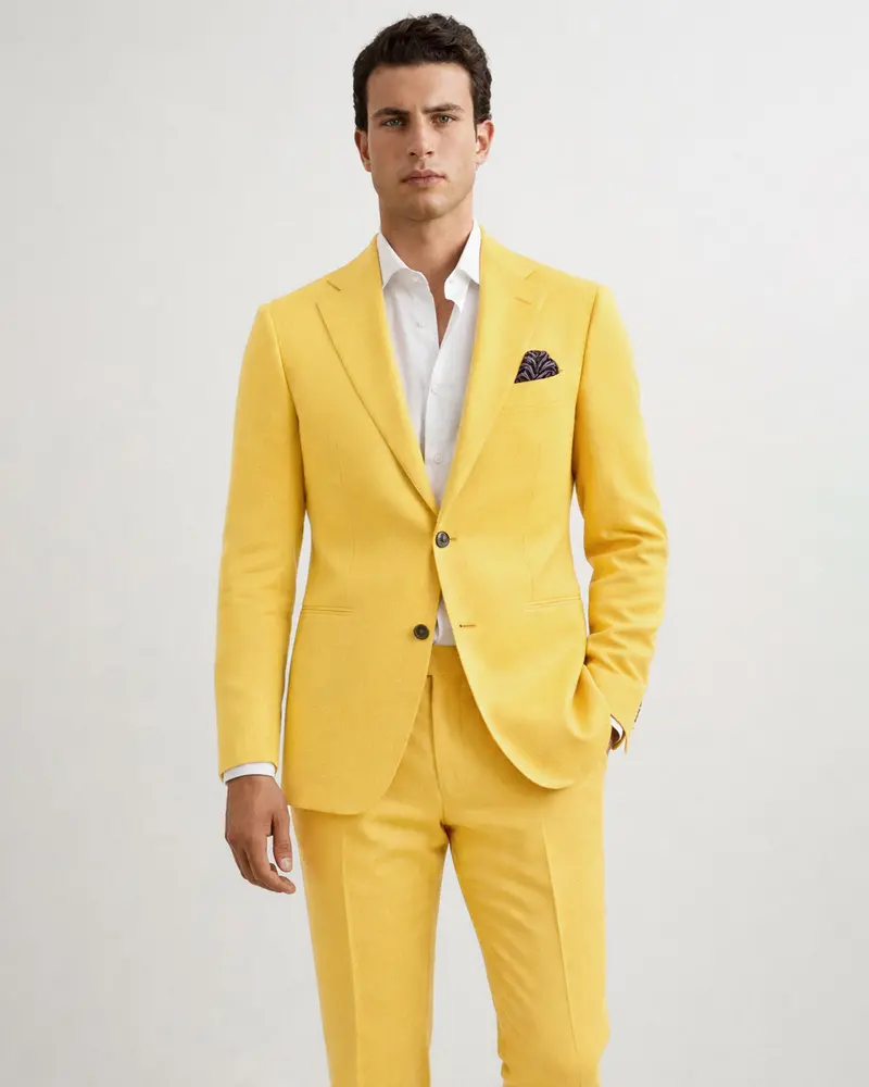 Saffron Elegance-Lemon Yellow Solid Wool Rich Single Breasted Slight Stretch Suit 1