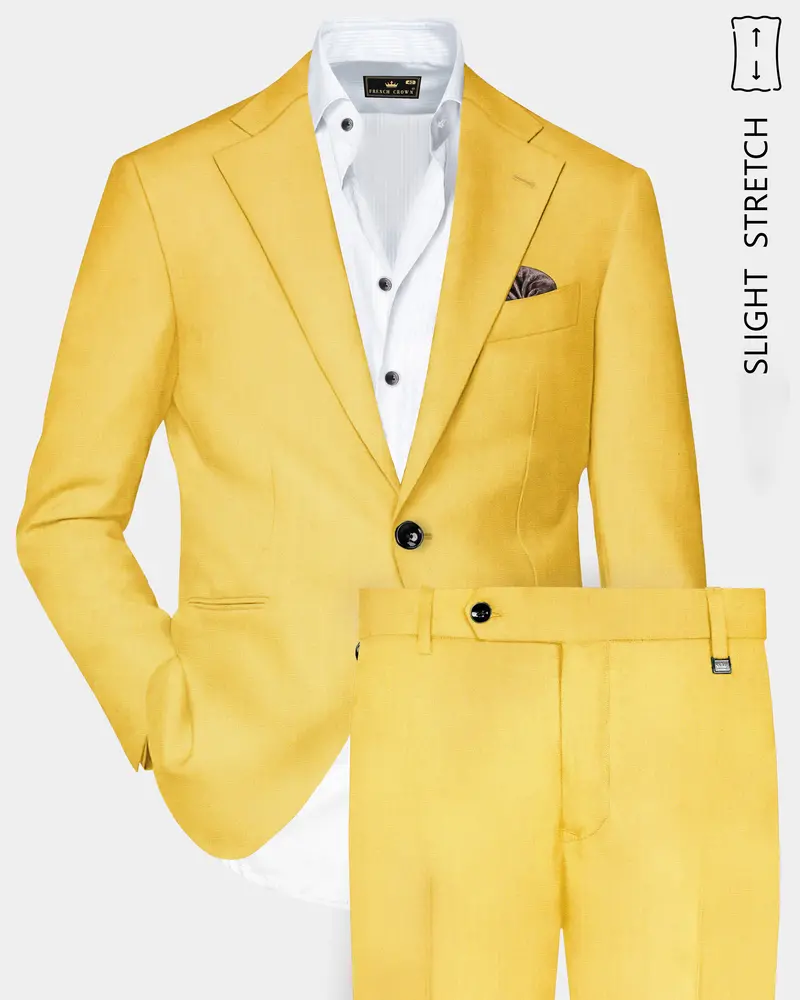 Saffron Elegance-Lemon Yellow Solid Wool Rich Single Breasted Slight Stretch Suit 1