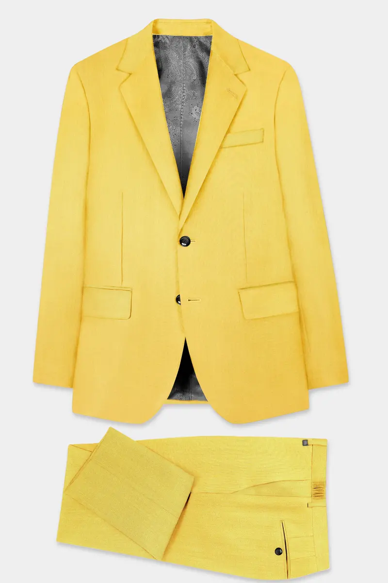Saffron Elegance-Lemon Yellow Solid Wool Rich Single Breasted Slight Stretch Suit 12
