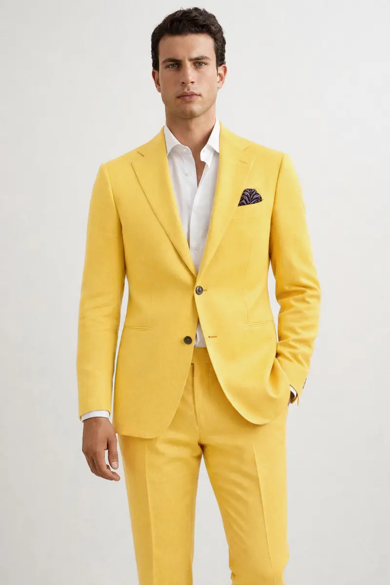 Saffron Elegance-Lemon Yellow Solid Wool Rich Single Breasted Slight Stretch Suit 2