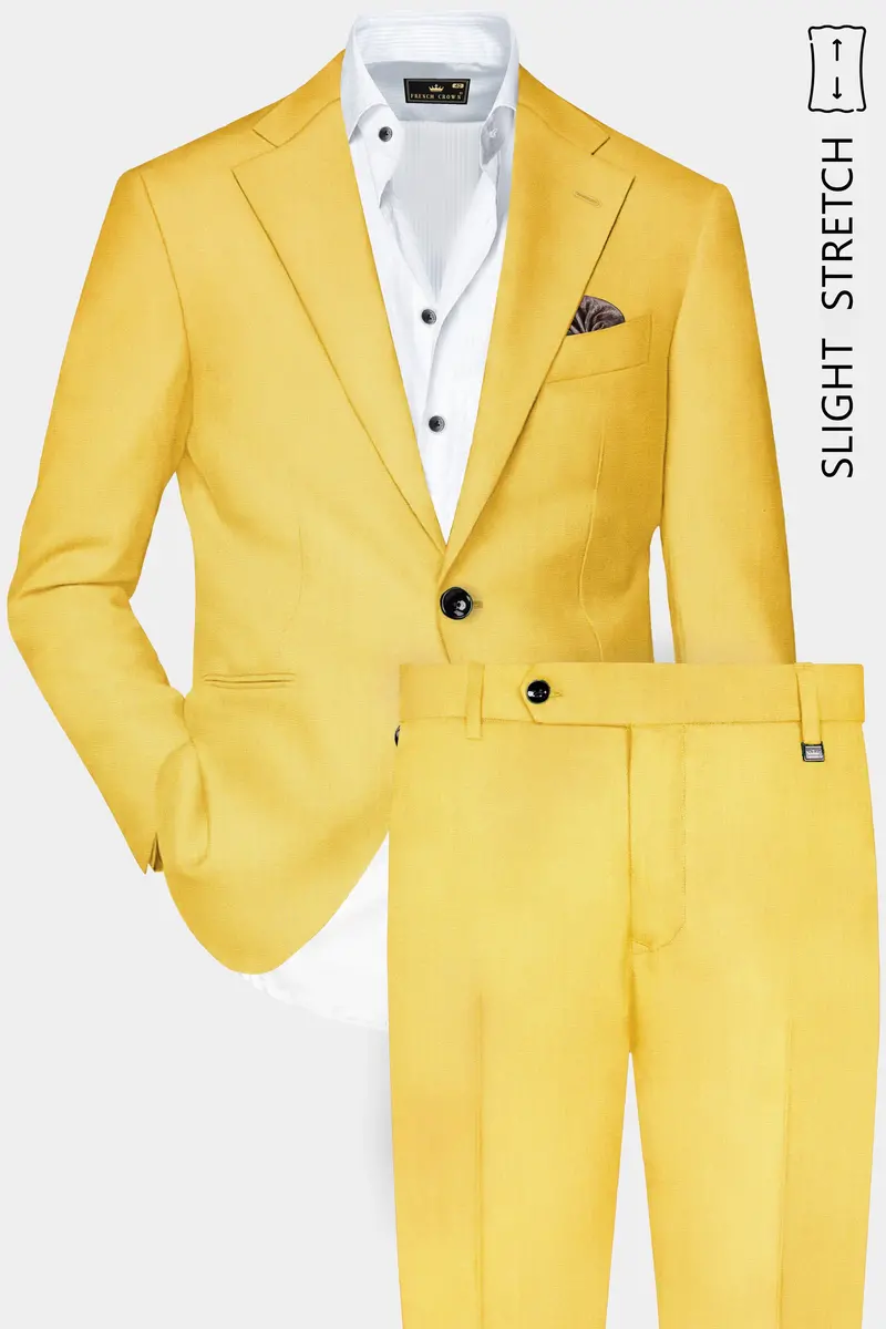 Saffron Elegance-Lemon Yellow Solid Wool Rich Single Breasted Slight Stretch Suit 4