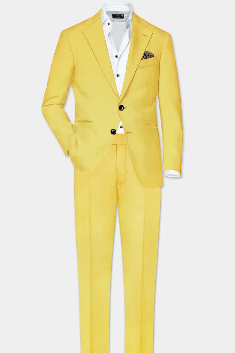 Saffron Elegance-Lemon Yellow Solid Wool Rich Single Breasted Slight Stretch Suit 5