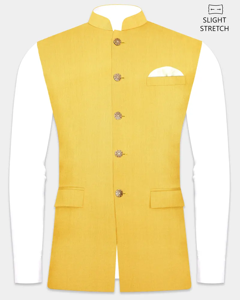 Saffron Elegance-Lemon Yellow Solid Wool Rich Slight Stretch Nehru Jacket 1