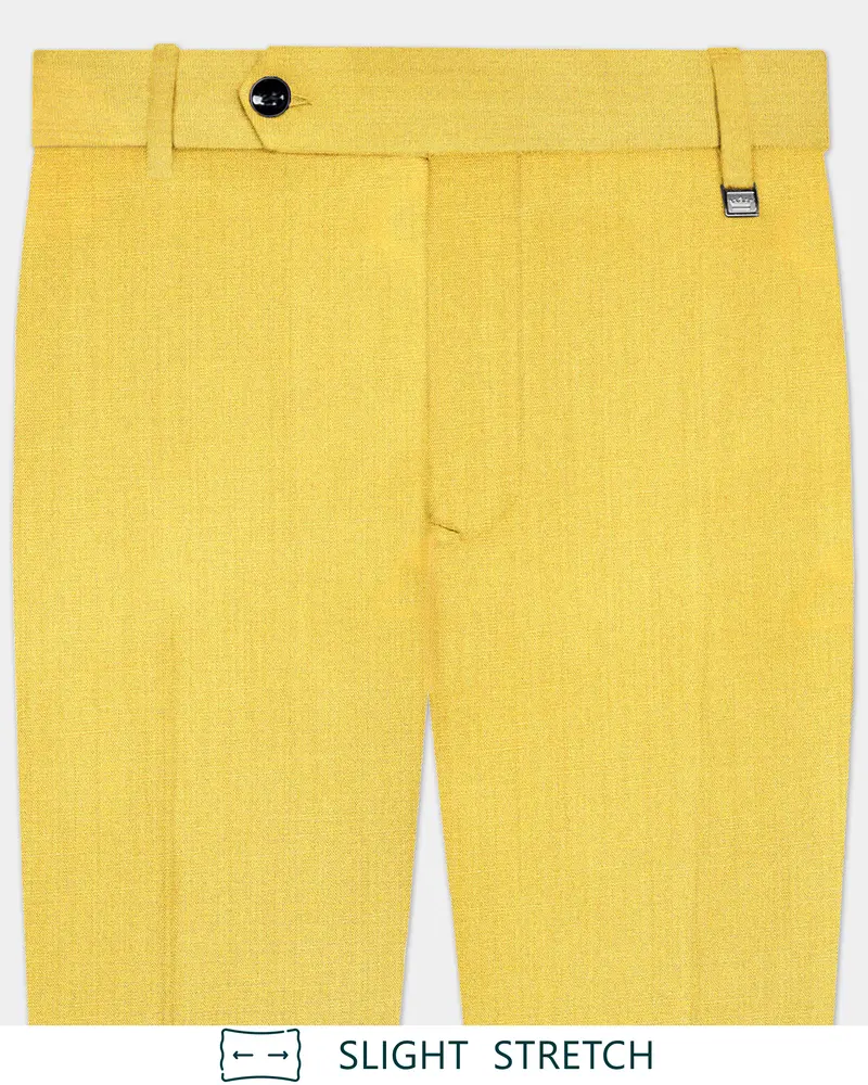 Saffron Elegance-Lemon Yellow Solid Wool Rich Slight Stretch Waistband Pant 1