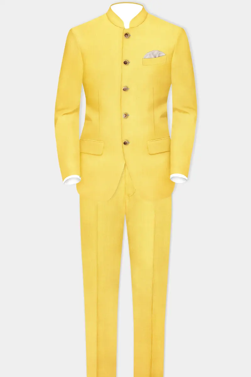 Saffron Elegance-Lemon Yellow Solid Wool Rich Slight Stretch Waistband Pant 7