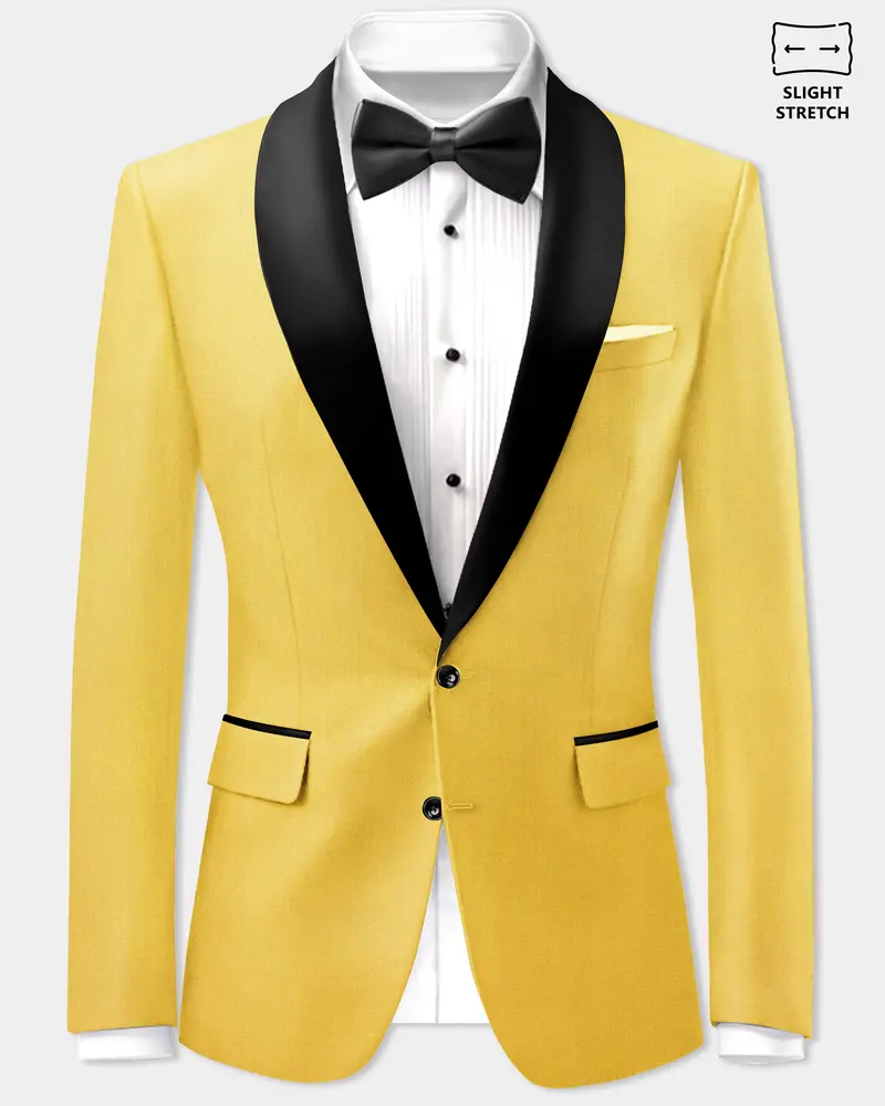 Saffron Elegance-Lemon Yellow Solid Wool Rich Tuxedo Slight Stretch Blazer 1